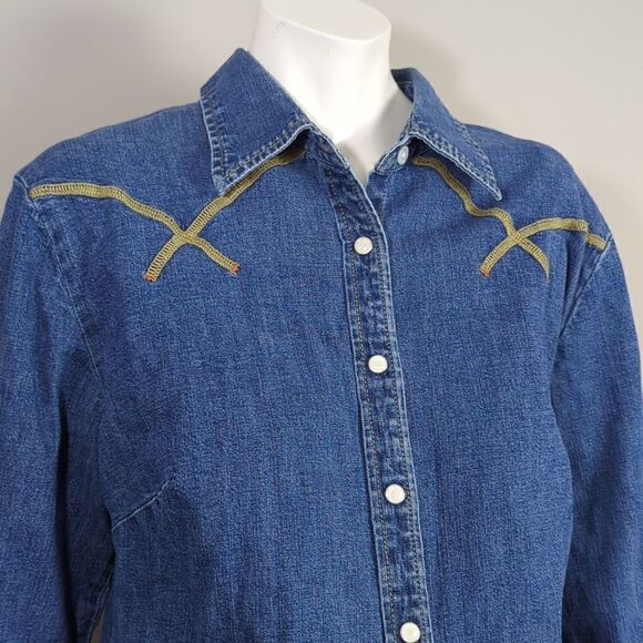 Levis blue stretch denim snap button shirt size medium. - Picture 2 of 7